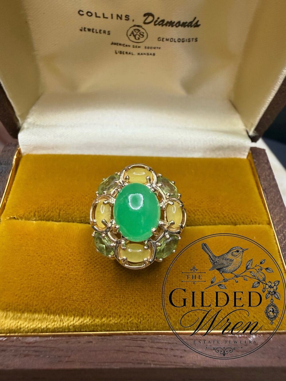 Vintage 14K Gold Jade & Tourmaline Estate Cocktail Ring | Size 7 | 4.94g